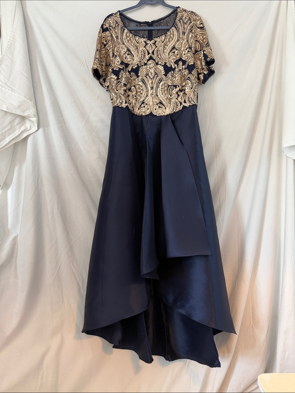 R & M Richards Navy and Gold High-Low Evening Dress